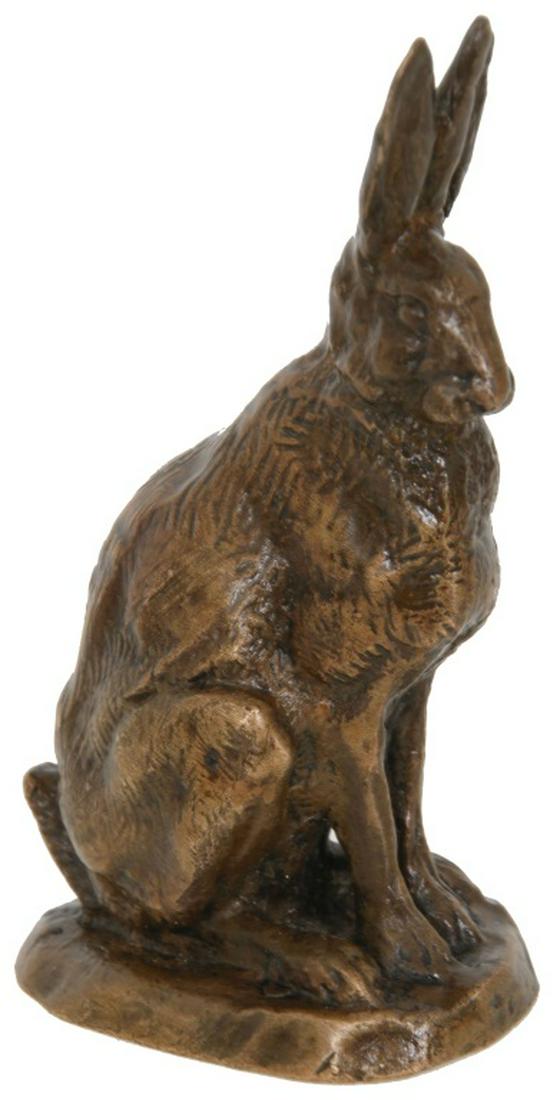Antoine-Louis Barye (1796-1875), Bronze Hare: Antoine-Louis Barye (French, 1796-1875), Bronze Hare. The bronze sculpture depicts a hare sitting up with its head slightly tilted to the right; light brown patina. Signed "Barye" on the base, circa 1