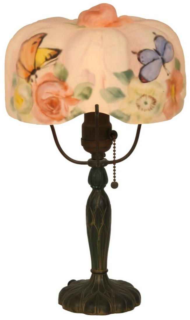 Pairpoint Puffy Papillion Boudoir Lamp: Pairpoint Puffy Papillon Boudoir Lamp. 8 in. diameter shade has puffy flowers, leaves and butterflies on each corner. The vertical ribbing on the shade leads up to a rose at the center on the top, aga