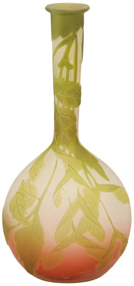Galle "Soliflore" Cameo Glass Banjo Vase: Galle "Soliflore" Cameo Glass Banjo Vase. Banjo shaped vase has green leaves and stems, against a cranberry to opaque background; has a flared rim over an elongated tapered neck and a bulbous body. Si
