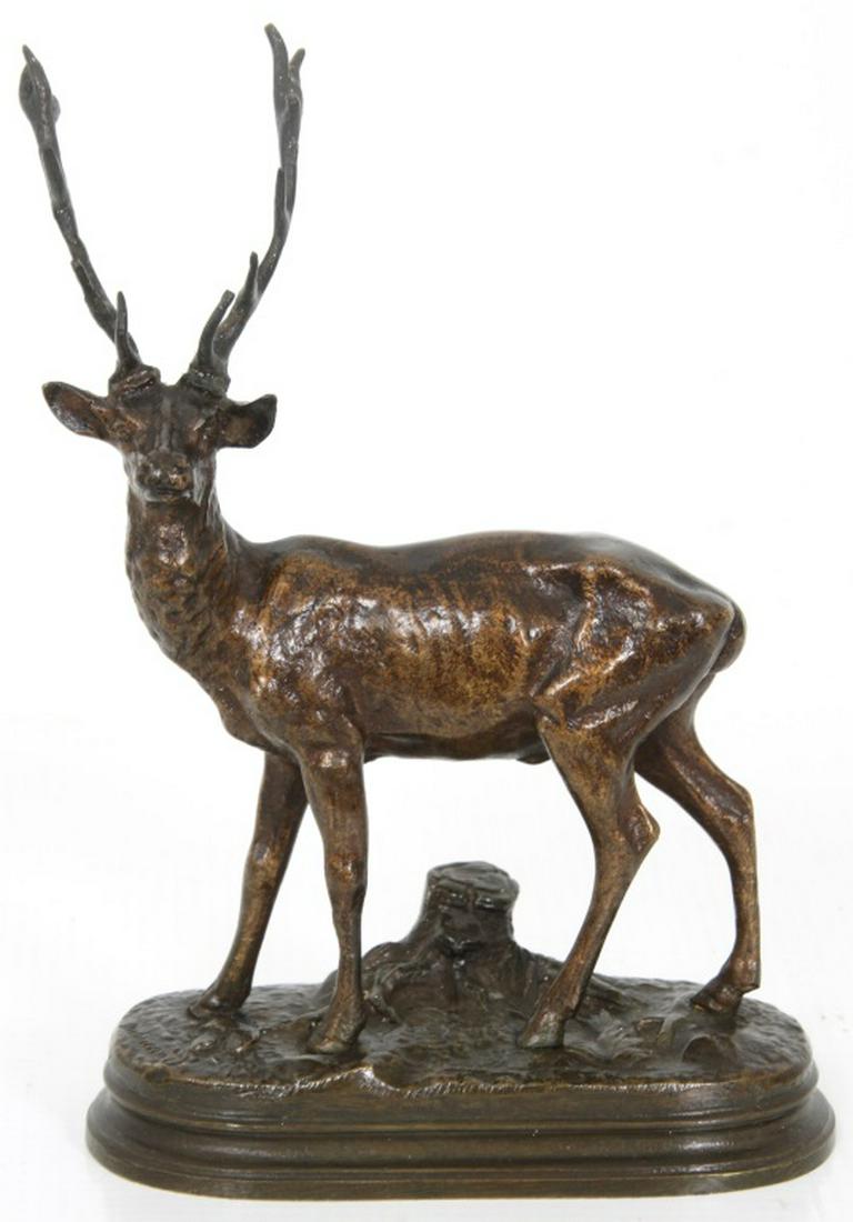Paul Edouard Delabrierre (1829-1912), Bronze Stag: Paul Edouard Delabrierre (French, 1829-1912), Bronze Stag. The bronze sculpture depicts a attentive stag having large antlers and standing on all four legs with its head turned to the left; stands on 