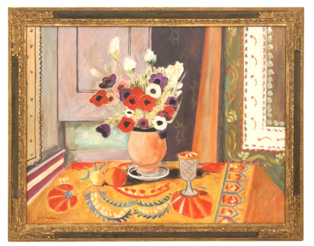 After Henri Matisse (French, 1869-1954), O/C: After Henri Matisse (French, 1869-1954), oil on canvas, depicts a still life. Signed "Elmyr" on back; signed "Henri Matisse" on lower left and dated 1933. Dimensions: Sight: 34 3/8 in. high x 44 7/8 i