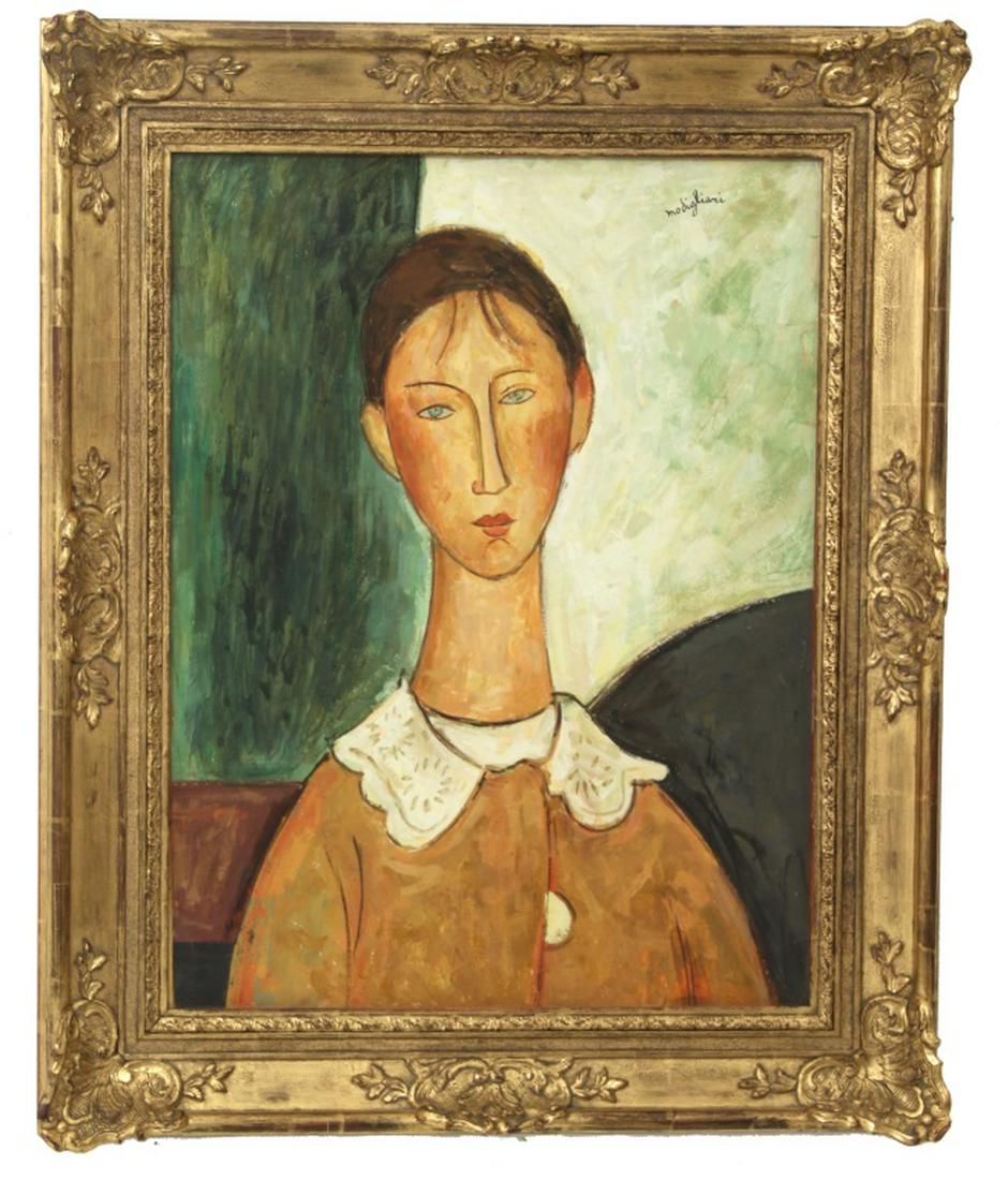 After Amedeo Modigliani (1884-1920), Oil on Canvas: After Amedeo Modigliani (1884-1920), oil on canvas, depicts a portrait of a lady in the manner of Modigliani, signed on top right. Dimensions: Sight: 25 in. high x 19 1/8 in. wide. Overall: 32 1/2 in.