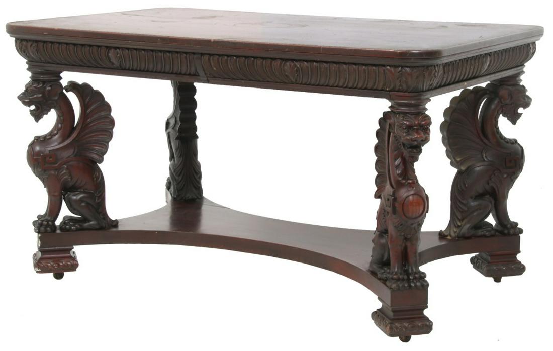 R.J. Horner Winged Griffin Mahogany Partners Desk: R.J. Horner Attributed Winged Griffin Mahogany Partners Desk. Top has a flat surface with rounded corners, gadroon style carved apron with acanthus carved corners and center medallions, has a single r