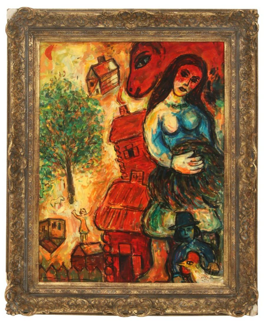 After Marc Chagall (1887-1985), Watercolor: After Marc Chagall (1887-1985), watercolor on paper, signed lower right. Dimensions: Sight: 24 7/8 in. high x 19 in. wide. Overall: 31 3/4 in. high x 25 3/4 in. wide. Weight: 9.10 lbs.