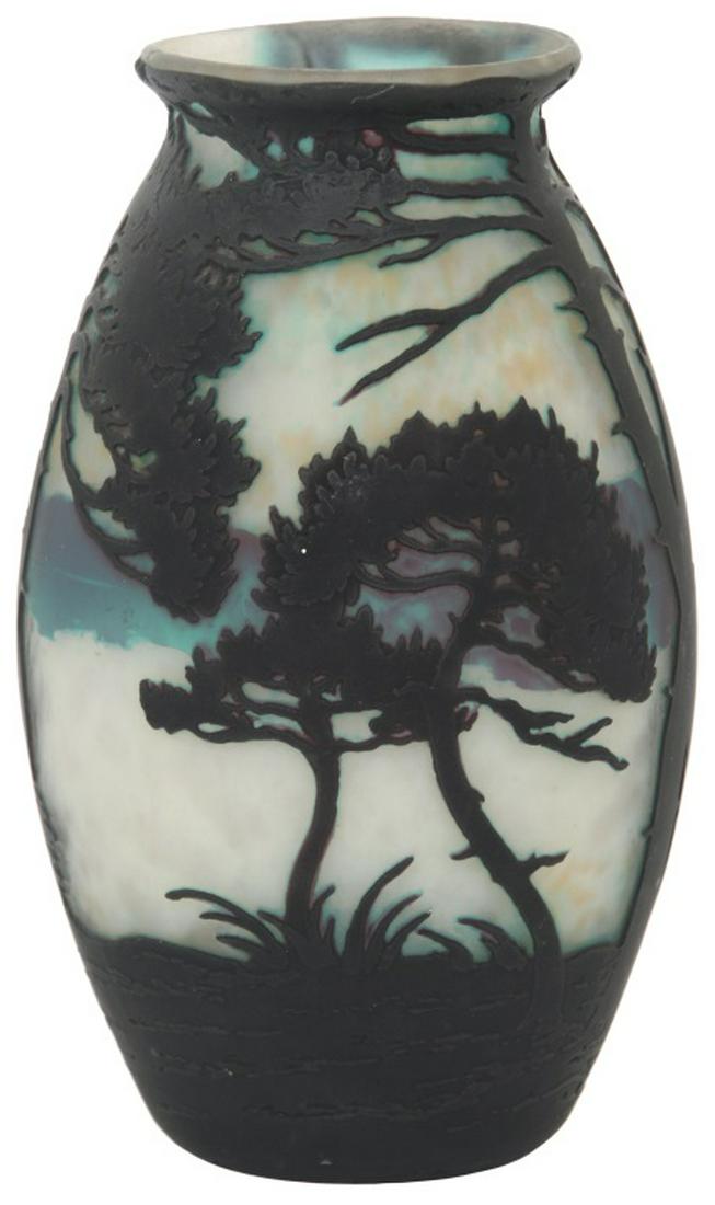 Muller Freres Scenic Cameo Cut Vase: Muller Freres Scenic Cameo Cut Vase. Vase has a deep river valley scene with dark purple silhouetted foreground, cut to vibrant purple and aqua blue highlights in a mountainous valley and on a frosted