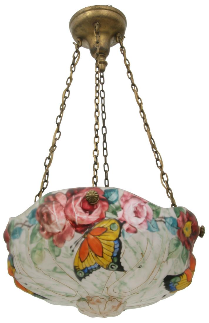 Pairpoint Puffy Papillon Chandelier: Pairpoint Puffy Papillon Chandelier. 14 in. puffy shade is reverse painted with colorful butterflies and 4 clusters of red roses with vines and leaves on a white background; decorated on the obverse w