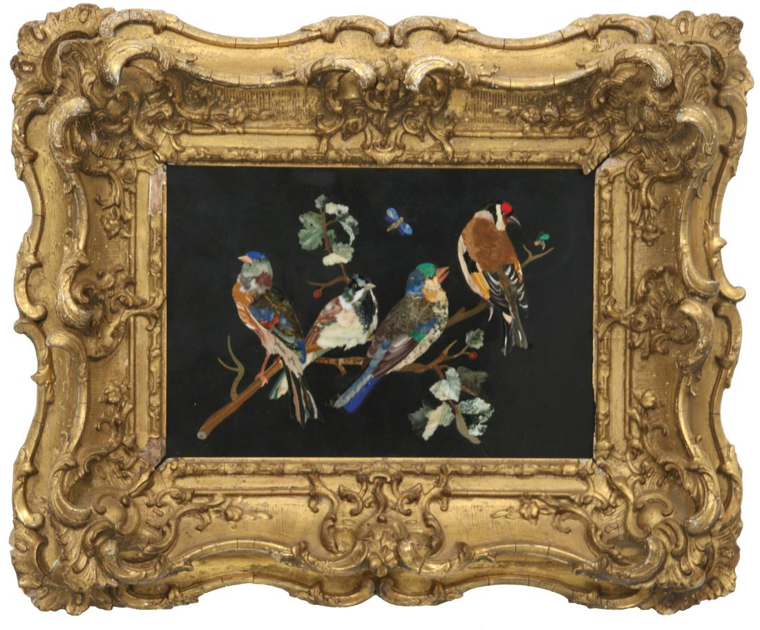 Italian Pietra Dura Bird Plaque: Italian Pietra Dura Bird Plaque. Depicts four colorful birds standing on a branch having flowers and leaves, above is a blue dragonfly in flight. The rococo style gilded frame is original to the plaqu