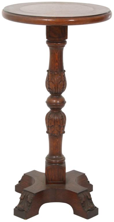 Acanthus Carved Oak Pedestal: Acanthus Carved Oak Pedestal. Central pedestal & four foot platform base with acanthus carving. Very good original finish. Dimensions: 34 in. high x 18 in. dia.