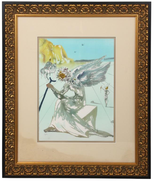 Salvador Dali (Spanish, 1904-1989), Lithograph.: Salvador Dali (Spanish, 1904-1989), lithograph, depicts an angel with wings sitting on a bench, has a small figure to the right and a figure on horseback to the left; signed lower right. Sheet size: 2