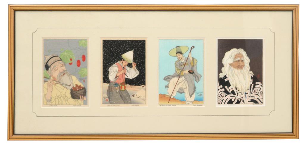 Four Paul Jacoulet Woodblock Christmas Cards: Paul Jacoulet (French-Japanese, 1902-1960) Four original woodblock Christmas cards including "Le Nid: Coree", "Nuit de Neige: Coree", "La Bronze Errant: Coree" and "Vieil Aino: Hokkaido". The cards ha