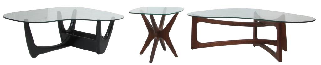 Two Adrian Pearsall Coffee Tables & End Table: Two Adrian Pearsall Coffee Tables & End Table. Three mid-century modern tables, one being a walnut end table with a square shaped glass and the other, a walnut coffee table with an unusual shaped glas