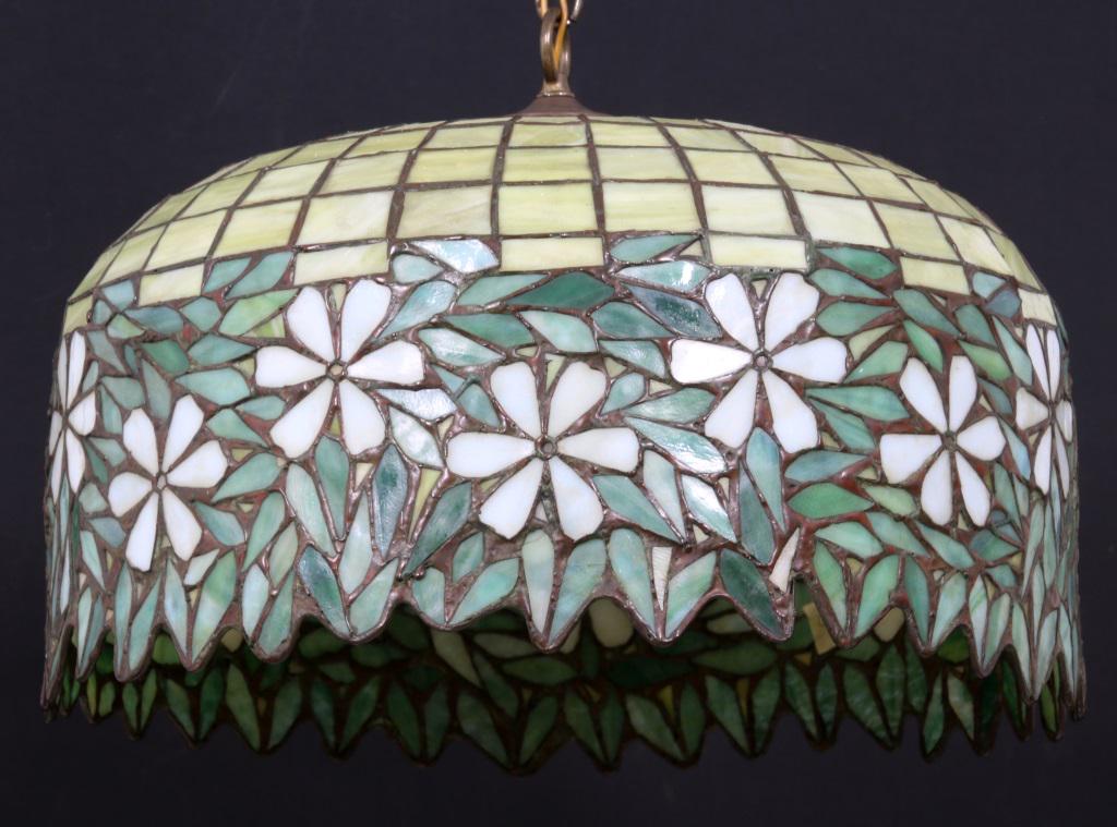 18 Inch Unique Floral Leaded Glass Dome: 18 Inch Unique Floral Leaded Glass Dome. Brick pattern geometric top with lower floral border has an irregular edge; the large white 5 petal flowers are surrounded by green leaves. (4) single line hea