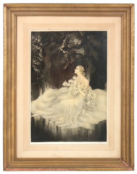 Louis Icart (French, 1888-1950): Signed "Louis Icart", dry point etching on paper, " Lilies", copyright 1934; hand signed with windmill blind stamp. Dimensions: 27.75 x 19 inches. Weight: 19.25 lbs.