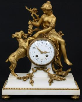 Three Piece French Gilt Bronze Figural Clock Set