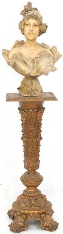 Polychromed Bust on Rococo Pedestal: Polychromed Bust on Rococo Pedestal. Beautiful female spelter bust with a polychromed finish, signed E. Villanis on an elaborate Rococo style spelter pedestal. Dimensions: bust - 24 in. high x 17 in. 