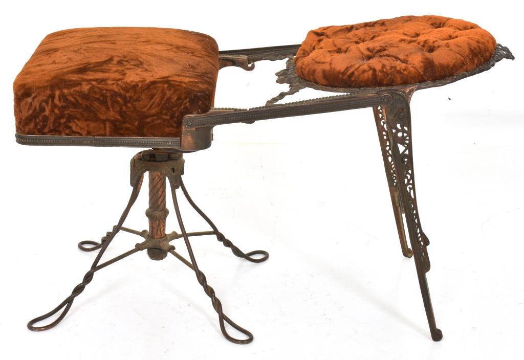 Unusual Mechanical Cast Iron Piano Stool: Unusual Mechanical Cast Iron Piano Stool. Pierced decorated cast iron chair frame with amber velvet upholstery, has a hinged back which folds down to create a double seat piano stool; on a wrought iro