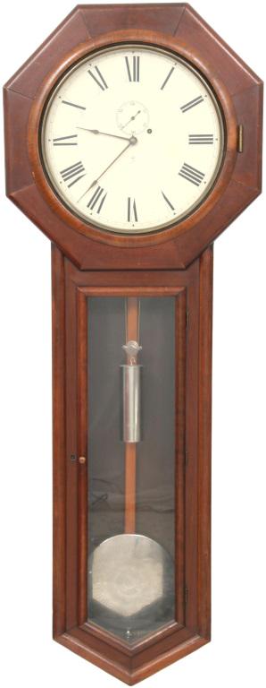 Seth Thomas No. 18 Regulator Clock: Seth Thomas No. 18 Regulator Clock. Original 14 in. painted metal dial signed with the Seth Thomas trade mark, has black Roman hour numerals, sub seconds and blued spade hands; brass 8 day weight driv