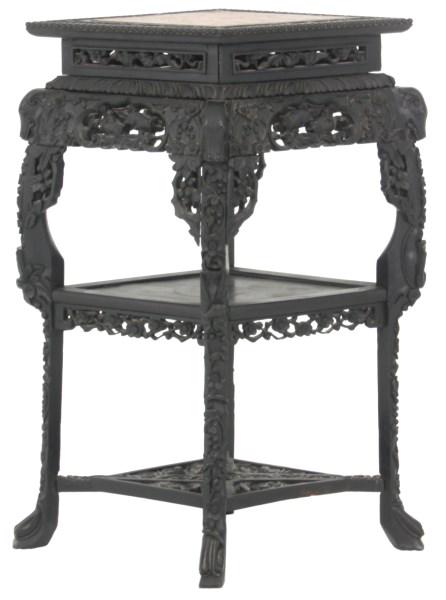Marble Top Pierced Carved Teak Plant Stand: Marble Top Pierced Carved Teak Plant Stand. 3 tier plant stand has an inset lozenge shaped marble top with filigree carved border and beaded trim, pierced carved aprons with filigree and fish, boar's