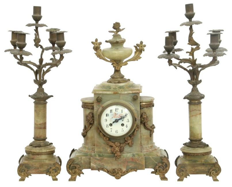 French 3 Piece Brass & Onyx Clock