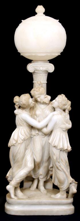 Figural Carved Alabaster "Three Graces" Lamp: Figural carved alabaster "Three Graces" lamp has three female figures wearing classical garments standing and embracing each other in front of the lamp post; carved alabaster the 2 part spherical shad