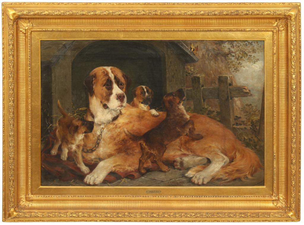 Edwin Frederick Holt (British, 1830-1912): Edwin Frederick Holt (British, 1830-1912), "A Matter in the Kennel," oil on canvas, signed "E.F. Holt" and dated 1883 lower middle. Frame: 30 in. high x 39.5 in. wide. Sight: 20 in. high x 30 in. wide