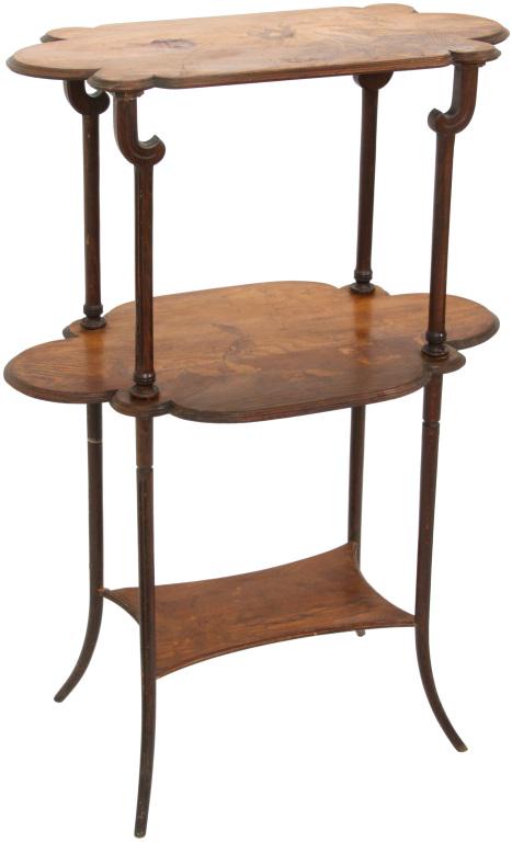 Emile Galle Art Nouveau Inlaid Table: Emile Galle Art Nouveau three tier table is inlaid with flowers, leaves and vines on each tier and is supported by concave curled legs; Signed "E. Galle" inlaid in the middle section. Dimensions: 52 i