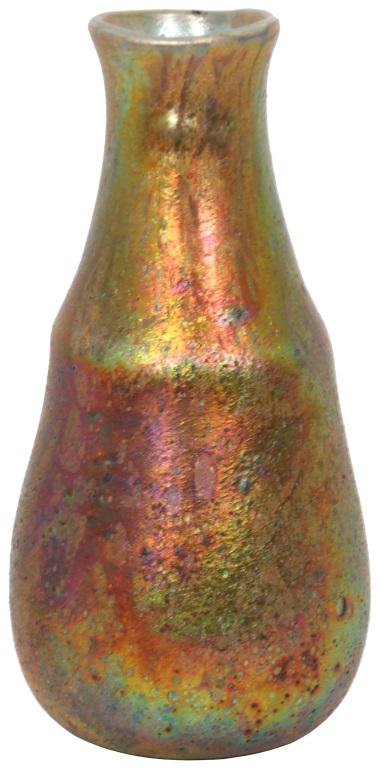 Tiffany Studios Cypriote Vase: Tiffany Studios Cypriote vase is decorated on the exterior with an iridescent Cypriote texture having tones of purple and gold; has a slightly flaring rim and a knuckled center. Signed on the undersid