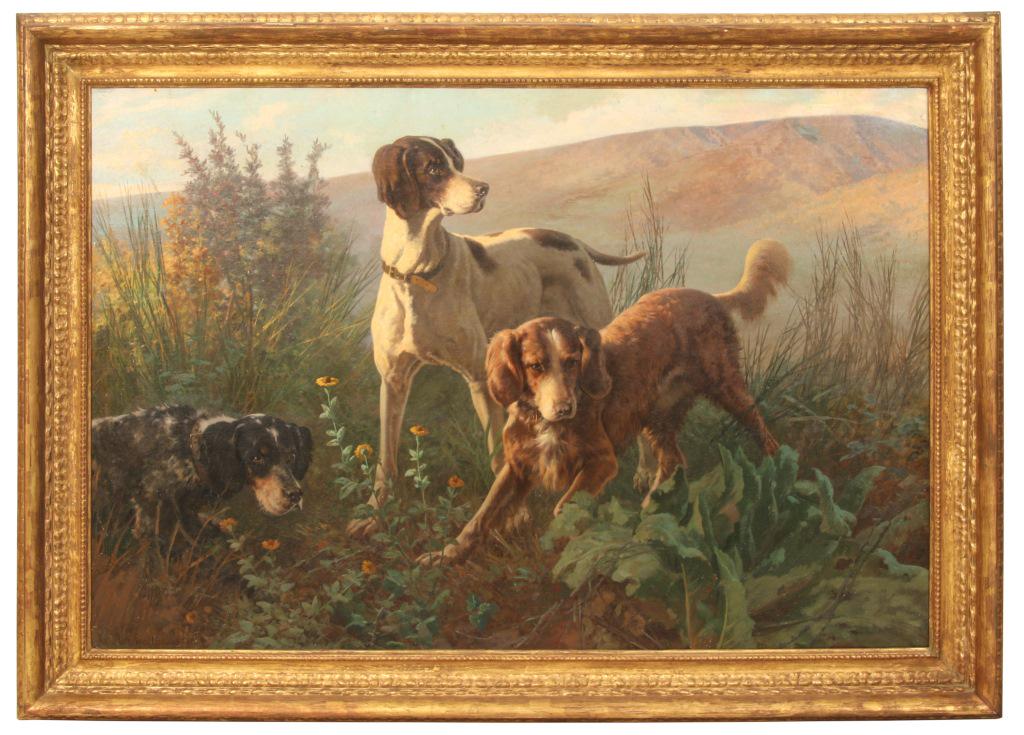 Carlo Ademollo (Italian, 1825-1911): Carlo Ademollo (Italian, 1825-1911), three hunting dogs in a landscape with mountains in the distance, oil on canvas, signed "C. Ademollo" and dated 1888 lower right. Frame: 50.5 in. high x 69 in. wid