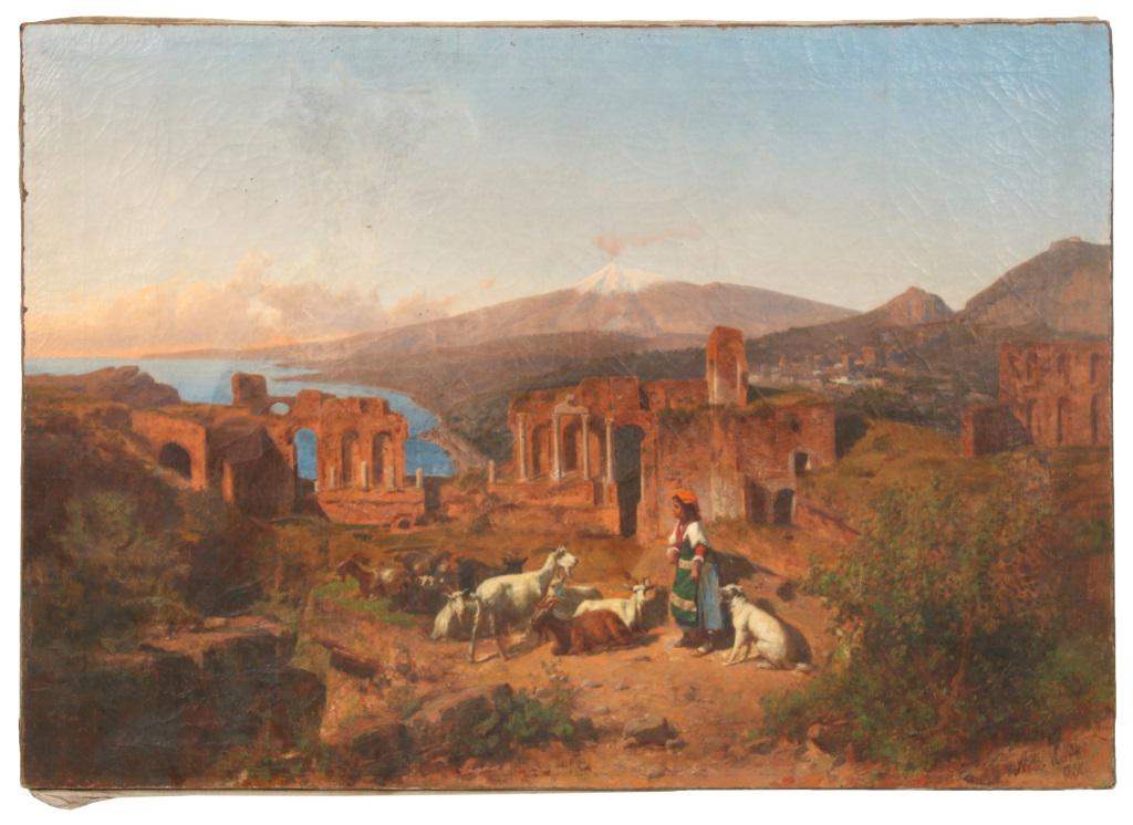 Andras Marko (Italian, 1824-1895): Andras Marko (Italian, 1824-1895), Italian landscape with shepherdess centered in architectural ruins by the ocean, oil on canvas, signed lower right and dated 1881. Sight: 27 in. high x 38 1/2 in. wi