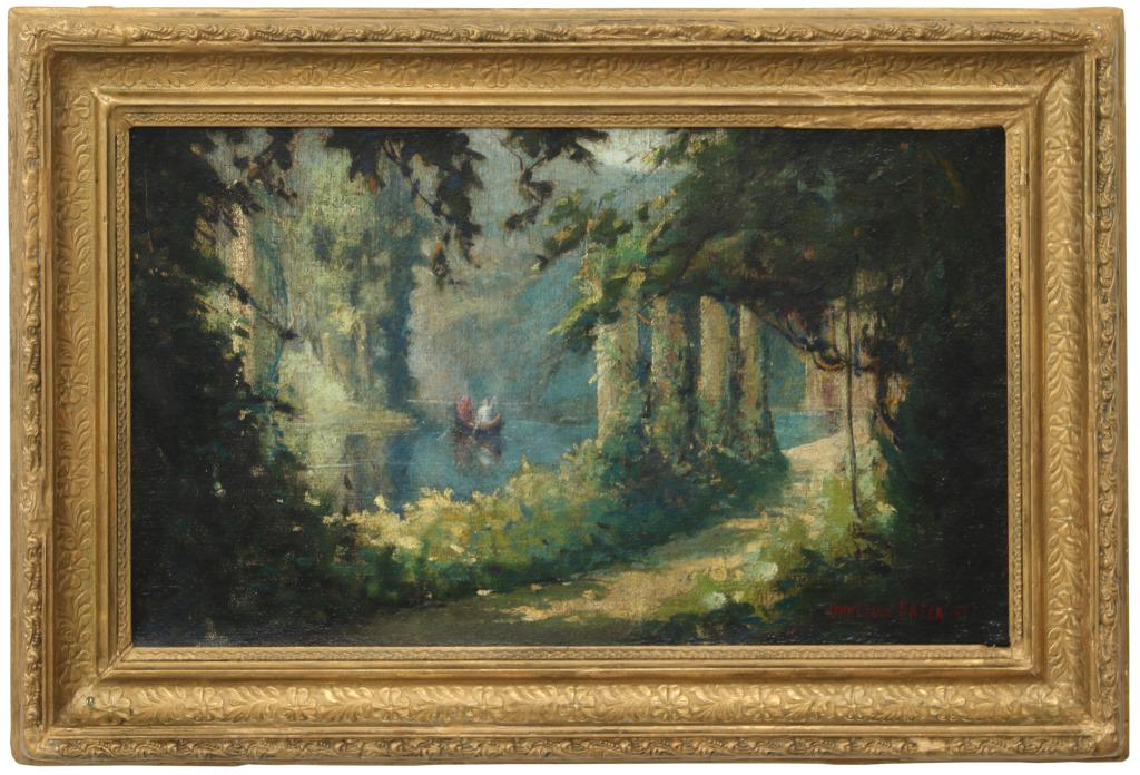 John Leslie Breck (American, 1860-1899): John Leslie Breck (American, 1860-1899), landscape, oil on canvas, signed lower right "John Leslie Breck" and dated '85. Sight: 11 3/4 in. high x 19 1/2 in. wide. Frame: 17 in. high x 25 in. wide. Wei