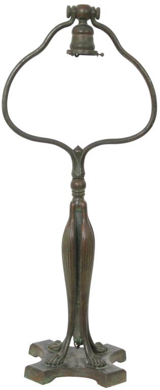 Tiffany Studios Paw Foot Harp Base: Tiffany Studios bronze harp style base has an adjustable stem that branches out with two arms and connects at a sphere at the top where the pendant socket hangs to support the shade; enclosing the adj