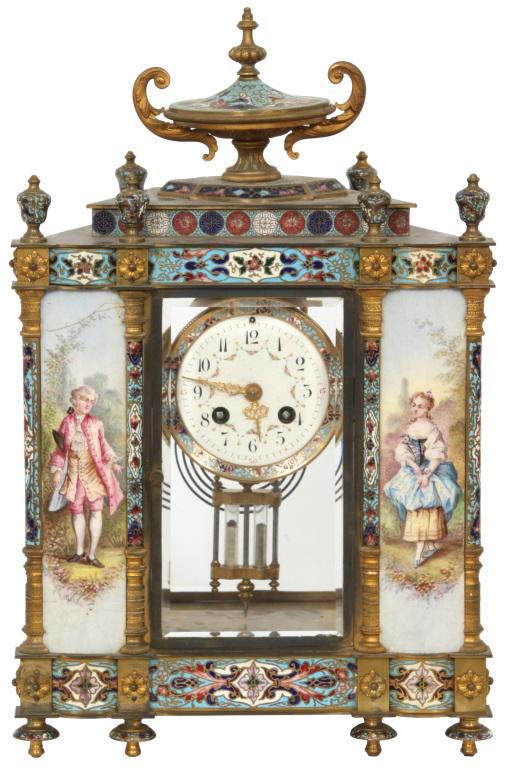 French Champleve & Brass Crystal Regulator Clock: French crystal regulator clock has a porcelain dial with black Arabic hour numerals, gilded hands and a brass and champleve bezel; French eight-day spring driven movement signed "C. H. Paris, Made in