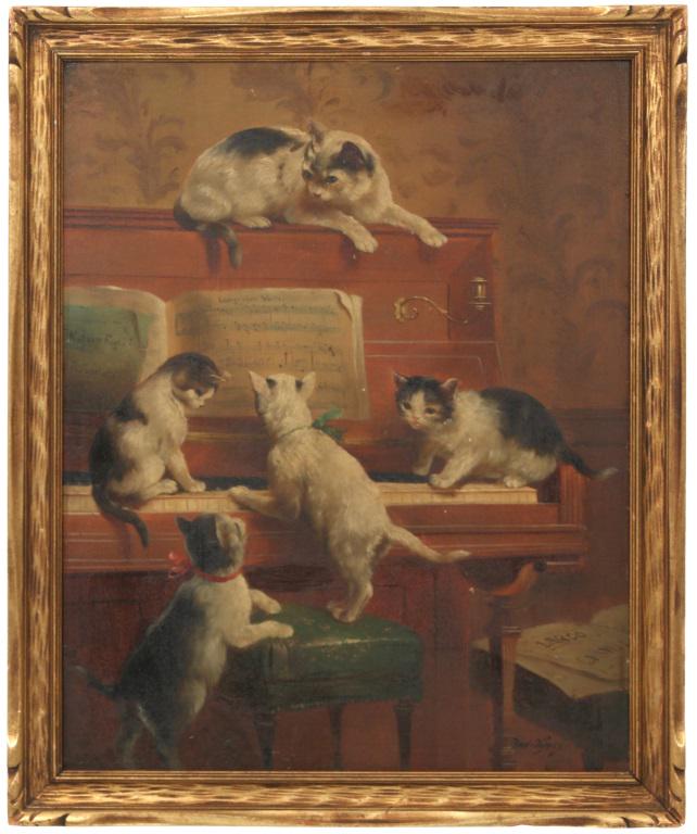 R. Ogwus, "Kittens on the Keys": R. Ogwus, "Kittens on the Keys." Oil painting on wood panel depicts five cats on a piano, three are on the keys, one on the top, and the other on the piano stool; signed "Rud Ogwus" lower right. Sight