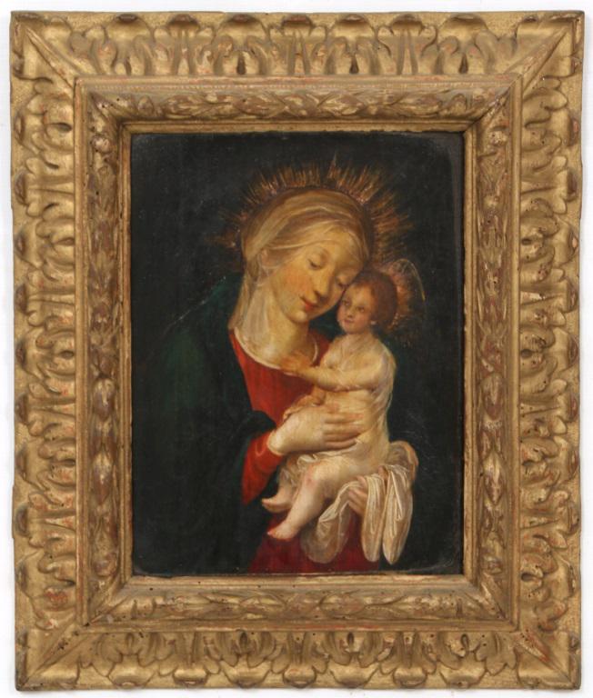 Madonna and Child, Oil on Panel: An oil on panel portrait scene of Madonna holding the child Jesus in her arms, an image which is a central icon for both the Catholic and Orthodox churches. The wooden frame is decorated with acanthus