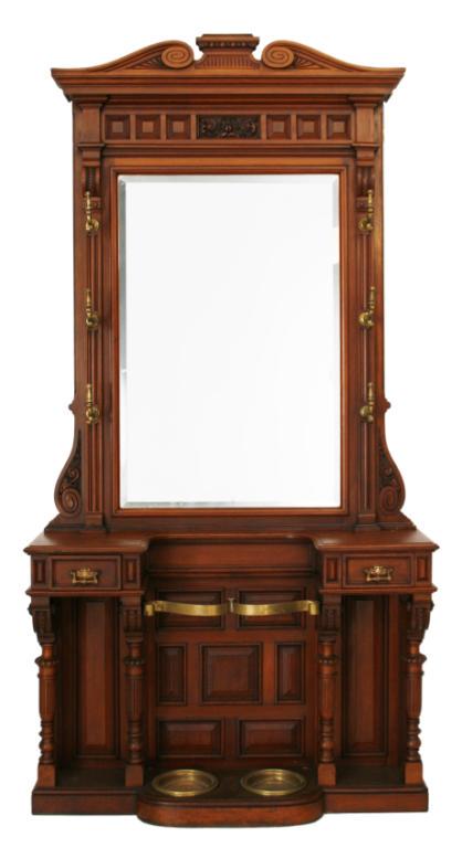 Architectural Eastlake Mahogany Halltree: Architectural Eastlake mahogany halltree with multiple raised and carved panels. Double central umbrella stand with drawers. Very good original condition. 94 in. high x 48 in. wide x 14 in. deep.