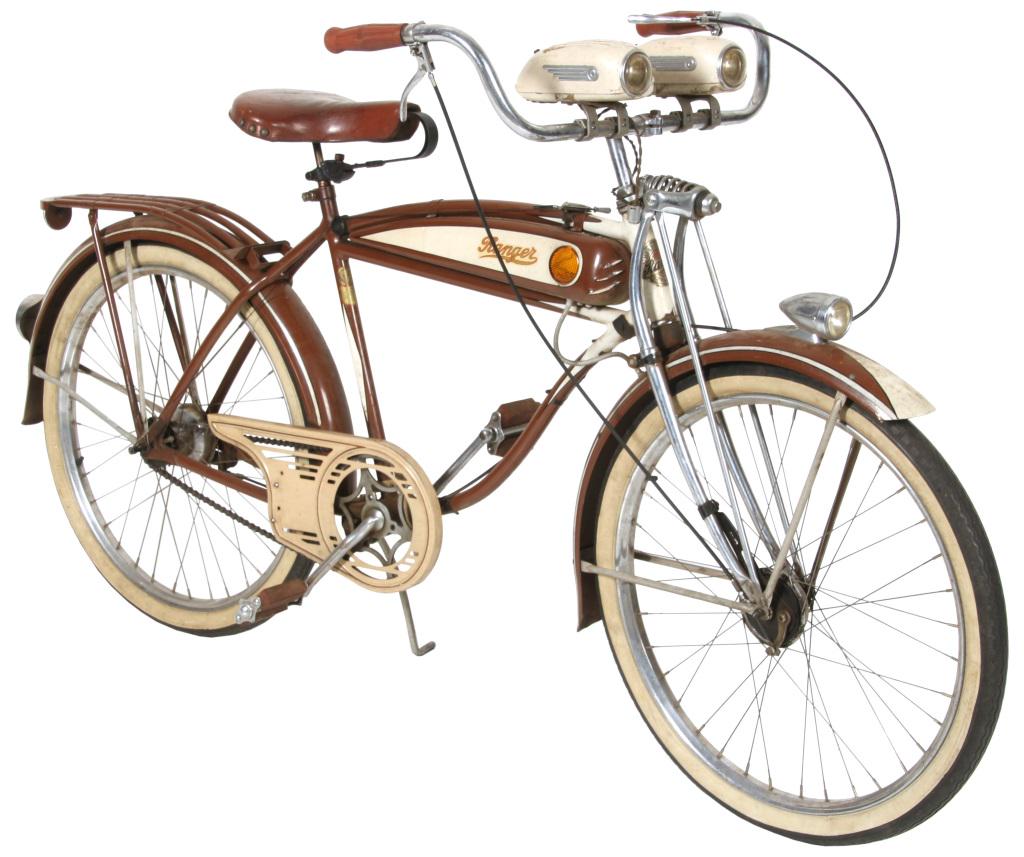 Mead Cycle Company "Ranger" Bicycle: Mead Cycle Company "Ranger" bicycle in untouched, original condition. The bike has rear and front lights, two headlights on the handlebars, and whitewall tires. Dimensions: 40 in. high x 71 in. wide x