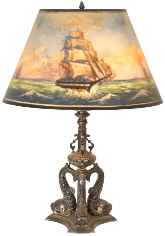 Pairpoint "Lansdowne" Lamp with Sailing Ship: Pairpoint "Lansdowne" shade with three sailing vessels, the center ship being large and detailed, on heavy seas with seagulls flying overhead against a cloudy blue-yellow sky. Artist signed H. Fisher.
