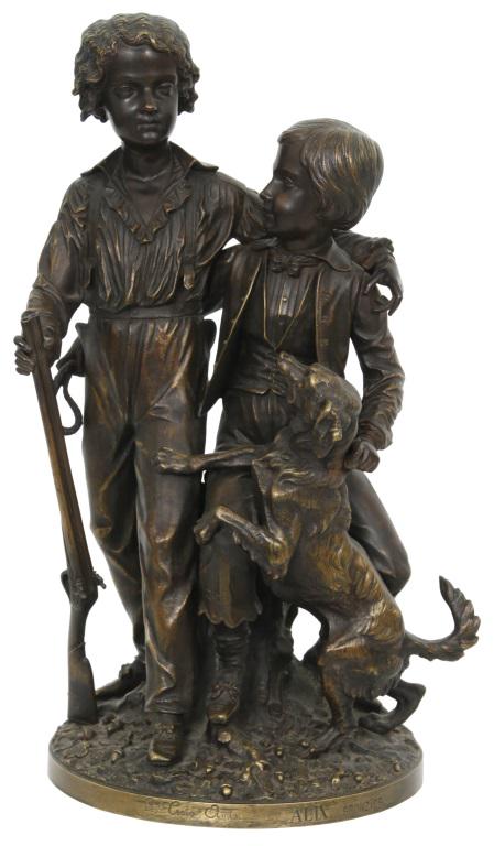 Bronze Sculpture of Children and Dog, "JB Alix": The bronze sculpture depicts two children with their arms around each other and a dog jumping. The boy on the right holds a double barrel shotgun in this right hand. Signed on the bronze "JB Alix" (Je