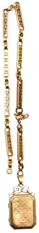 14K & 18K Yellow Gold Locket with Chain: 14K & 18K yellow gold locket with chain. The locket is carved in 18K yellow gold and is attached to a 14K yellow gold chain. Locket opens to reveal a glass insert. Unmarked. Fair overall condition, ch