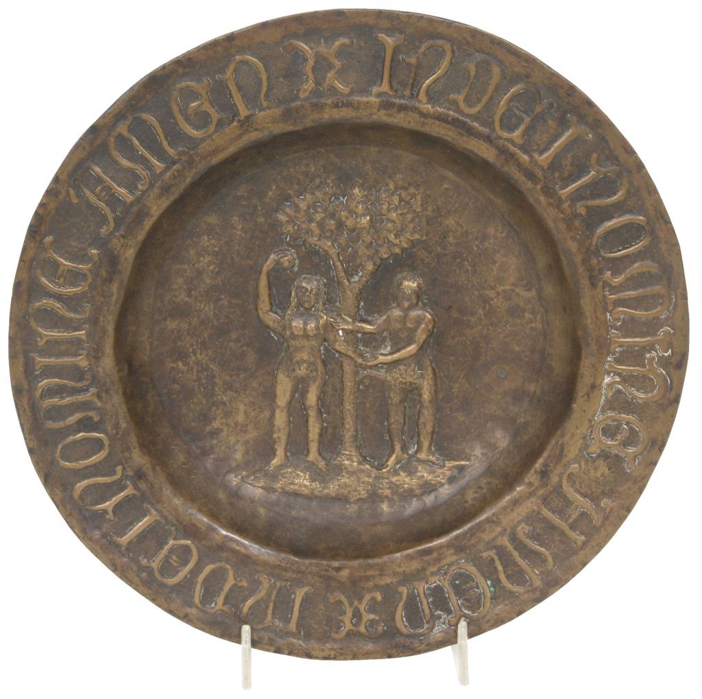 Embossed Brass Adam & Eve Plate: Embossed Brass Adam & Eve Plate. Original patinated surface in very good condition 10 in. diameter. Weight: .60 lbs.
