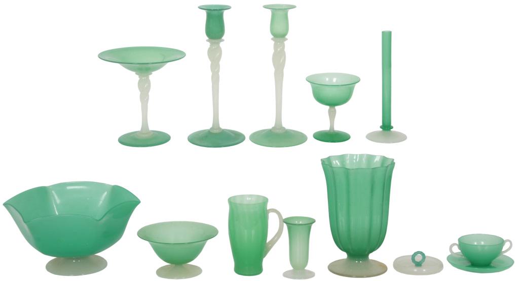 Twelve Pieces of Steuben Jadeite: Twelve pieces of Steuben jadeite in varying forms & designs. Dimensions: 1) 3 in. high x 9 in. wide x 10.5 in. deep. 2) 3.5 in. high x 6.5 in. diameter. 3) 6 in. high x 4.5 in. wide x 3.75 in. deep. 4