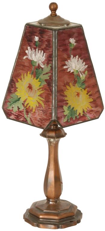Pairpoint Floral Boudoir Lamp: Pairpoint boudoir lamp feature four reverse painted leaded glass panels of yellow & white chrysanthemums with green foliage against a red stylized background, on a signed Pairpoint base. Dimensions: 1