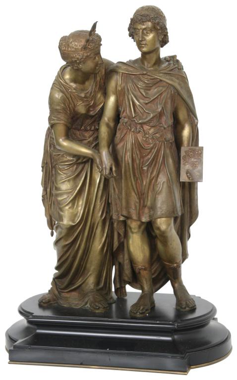 Bronze Statue of a Man and Woman: The bronze statue depicts a man and woman holding hands and wearing draping garments; the man has an artist's palate in his left hand, on a black marble base. Dimensions: 23.5 in. high x 15.5 in. wide
