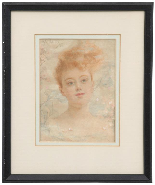 William Thorne (American, 1864-1956): William Thorne (American, 1864-1956), portrait of a young girl, watercolor on paper, signed "W. Thorne" and dated '88 top right. Dimensions: Sight: 5 3/4 in. high x 4 1/4 in. wide. Frame: 10 1/4 in. h