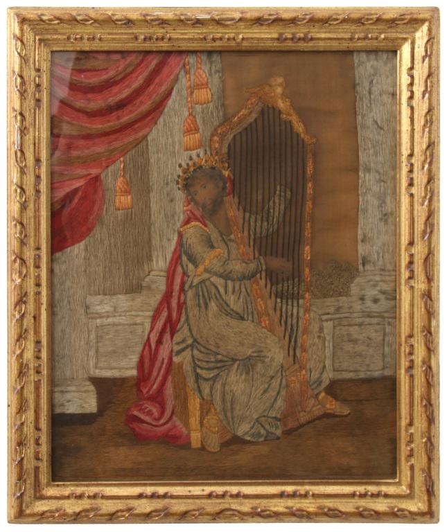 19th C. Silk Needlework Textile of King David: 19th C. silk needlework textile of seated King David playing a figural carved harp with columns & drapery in the background. Dimensions: 21 in. high x 16 in. wide. Weight: 3.90 lbs.