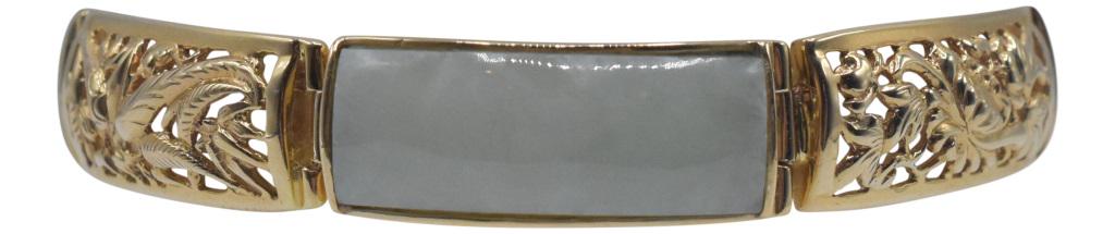 14K Yellow Gold & Jadeite Bracelet: Metal Type: 14K Yellow Gold Gemstone: Rectangular Jadeite Cabochon Setting: Bezel Gemstone Count: 3 Hallmark: 14K ; SANUK Condition: Very Good Dimensions: 2 1/2 in. diameter x 1/2 in. high Weight: 0.7