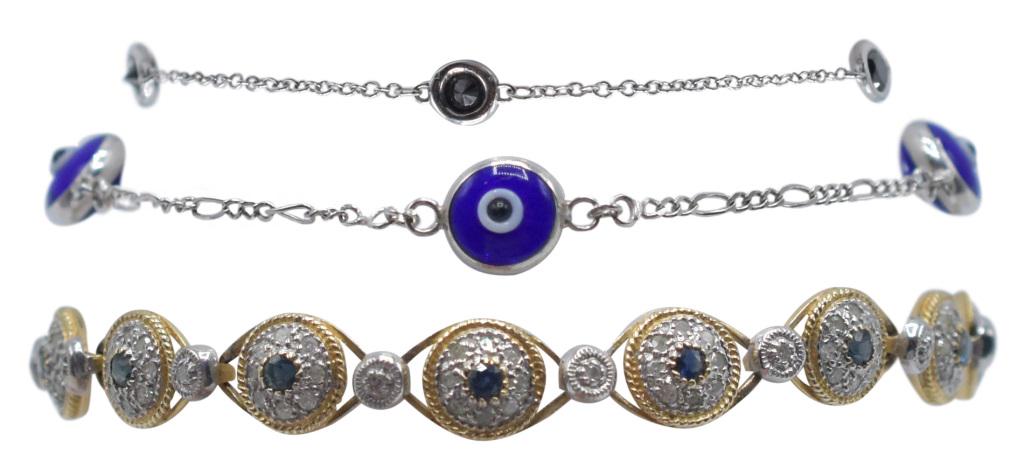 Three Gold Bracelets: 1) Metal Type: 14K White Gold Gemstone: Round Brilliant Black Diamond Note: Color Treated Setting: Bezel Gemstone Count: 5 Carat Weight: 0.45 Hallmark: 14Kt ; ITALY Condition: Very Good Dimensions: 2 