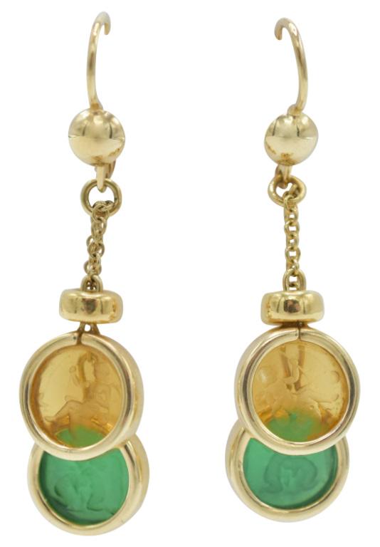 14K Yellow Gold Intaglio Earrings: Metal Type: 14K Yellow Gold Attribute: 2 Green & 2 Orange Intaglio Inserts Hallmark: 585 Condition: Very Good Dimensions: 1 7/8 in. long Weight: 0.45 ounces