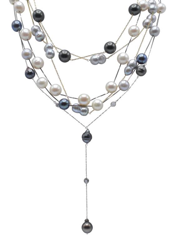 Five Gold & Pearl Necklaces: 1) Metal Type: 14K Yellow Gold Pearl Type: 8 Near Round Black Cultured Dyed Pearls Hallmark: 14K ; ITALY Dimensions: 15 1/2 in. long 2) Metal Type: 14K Yellow Gold Pearl Type: 13 Baroque Grey Cultured