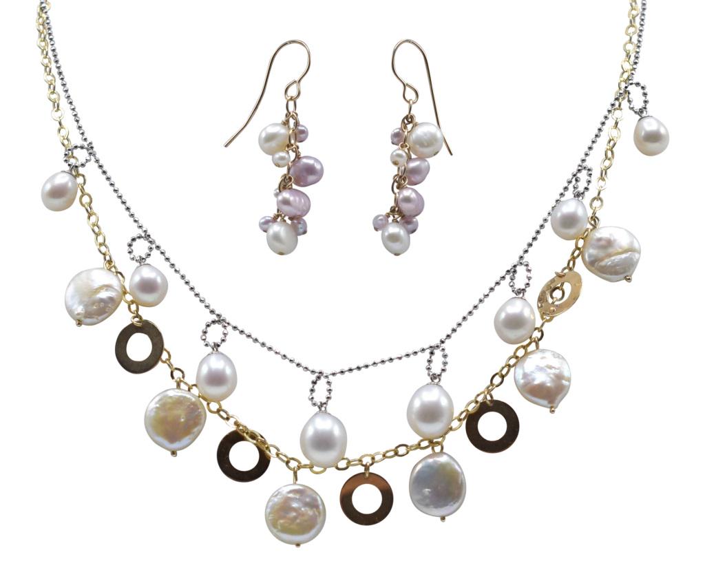 Three Piece Gold & Pearl Jewelry Set: 1) Metal Type: 14K Yellow Gold Jewelry Type: Earrings Pearl Type: Near Round/Semi Baroque Cultured Pearl Pearl Count: 4 White & 4 Pink Hallmark: 14K Condition: Very Good Dimensions: 1 5/8 in. long Wei